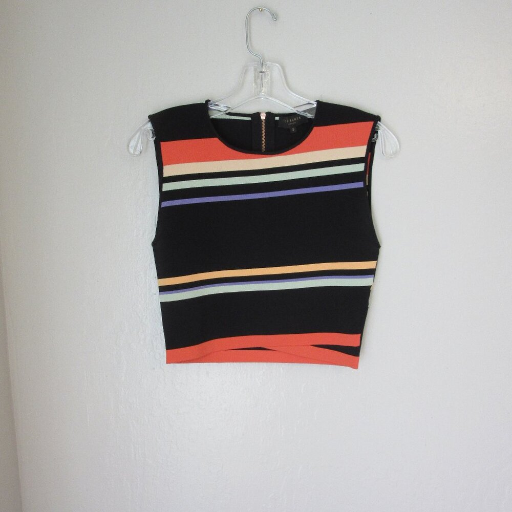Ted Baker Bias Stripe Multicolor Size 3 Back Zip Sleeveless Knit Blouse